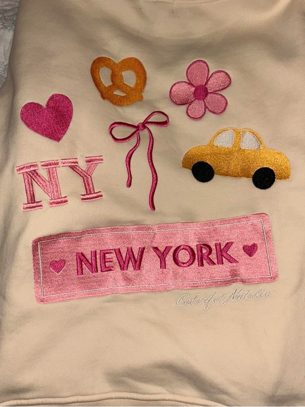 New York Embroidered Patch Sweatshirt - Pink & Gold